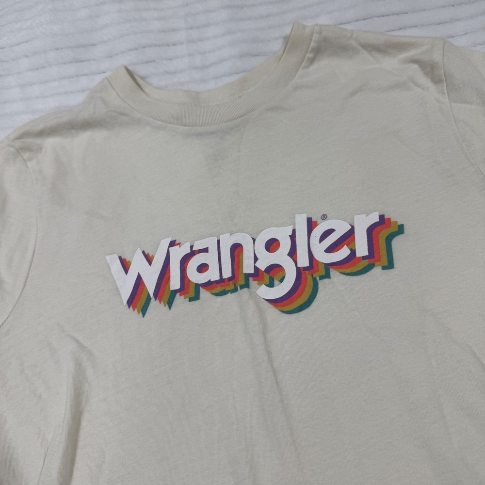Wrangler Womens Graphic T-Shirt Cream Rainbow Shadow Logo Crewneck Small - Picture 2 of 10